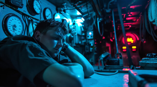 A sailor struggling to stay awake during their night watch shift fighting exhaustion and mental fatigue to ensure the safety of their ship and crew.
