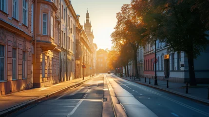 Fotobehang City street with empty road and morning light. © beast