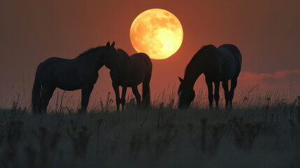 Fototapeta na wymiar As the moon rises over the horizon the silhouettes of grazing horses become more prominent creating a serene countryside scene.
