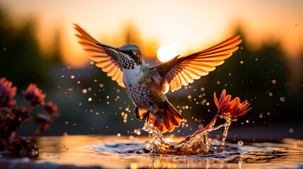 hummingbird splashing in the water at sunset with flowers around