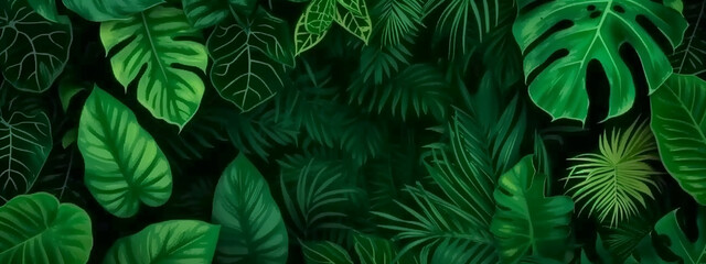 Tropical leaves and  vibrant foliage of  green-colored plants. A sense of exoticism, vitality, and the lushness of nature. Generative ai.