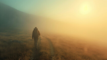 A solitary hiker makes their way through the misty mountain trail their figure ly discernible in the haze.