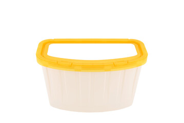white plastic container for storing capsules with liquid washing powder