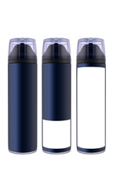 dark blue bottle with shaving gel or foam, bottle with deodorant, with a white label