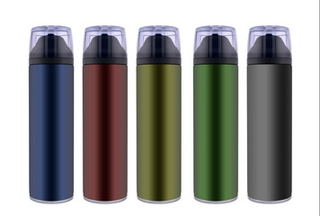 set of multi-colored iron bottles with shaving gel or foam
