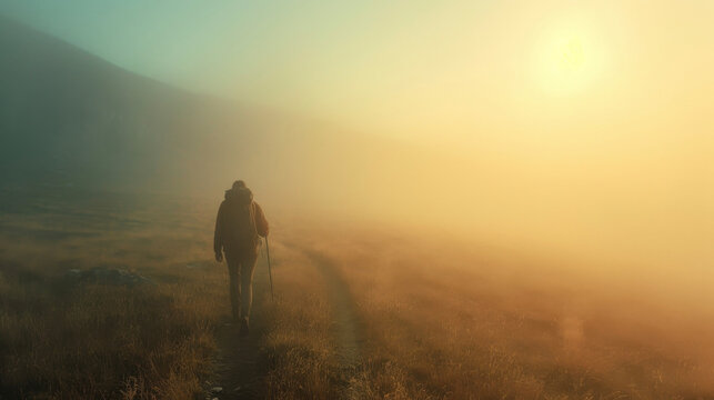 A solitary hiker makes their way through the misty mountain trail their figure ly discernible in the haze.
