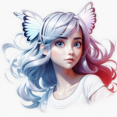 Portrait of a girl with pink-blue hair and a headband with wings. Tender young woman with big eyes. Cartoon or game character. Cartoon style.