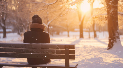 A person takes a moment to bask in the warm sun sitting on a bench surrounded by snowy landscapes. - Powered by Adobe