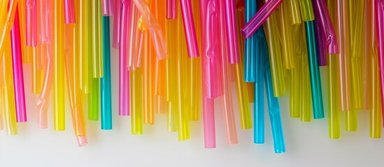 Colorful plastic tubes resembling drinking straws on white as abstract backdrop.