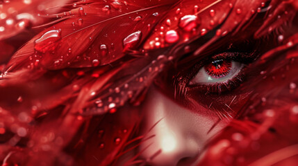 Piercing red eyes peeking out from a tangle of red wings glistening with drops of crimson.