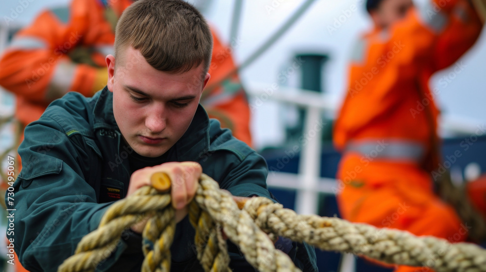 Poster the chief officer oversees as the deck cadet practices tying various knots an essential skill for se