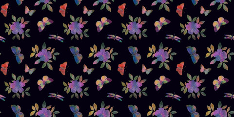 seamless botanical pattern, watercolor flowers and butterflies on a dark purple background