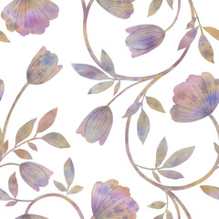 Abstract flower with leaves drawn in watercolor on a white background for wrapping paper, wallpaper, textiles