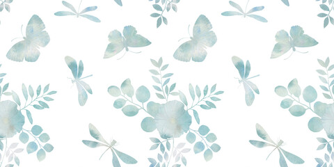 delicate watercolor background for design, seamless pattern, butterflies, dragonflies and plants