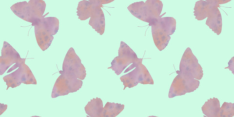 Abstract watercolor butterflies on a green background, seamless pattern.