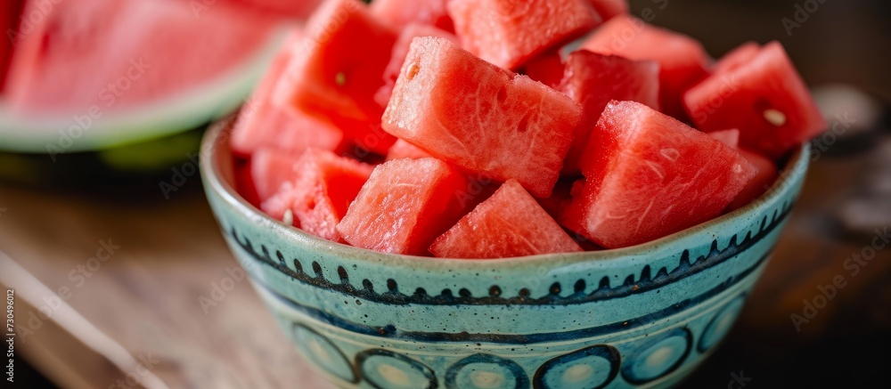 Sticker cubed watermelon slices in a focused bowl.