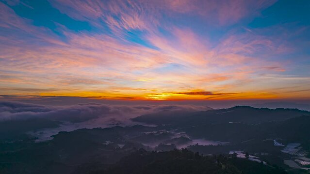Aerial hyperlapse shot of a tea valley overlooking on the mountain in Cameron Highlands, Malaysia during beautiful sunrise. 
