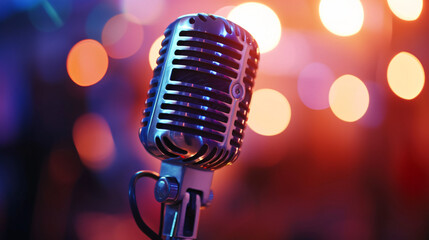 Fototapeta na wymiar Closeup of retro microphone on stage with a bokeh...