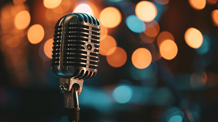 Closeup of retro microphone on stage with a bokeh.