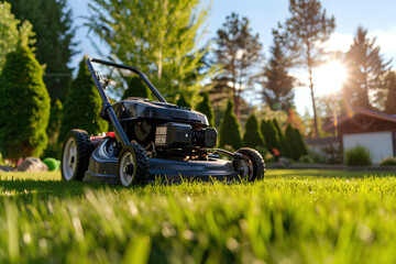 A lawn mower is trimming the lush green grass in a backyard, with green Thuja trees visible in the background.
