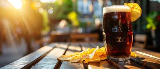 Enjoying a sunny day at the cafe with a Pilsner Glass brimming with dark beer and potato chips as a snack. - obrazy, fototapety, plakaty