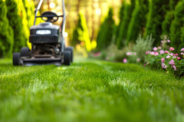 A lawn mower is trimming the lush green grass in a backyard, with green Thuja trees visible in the background. - obrazy, fototapety, plakaty