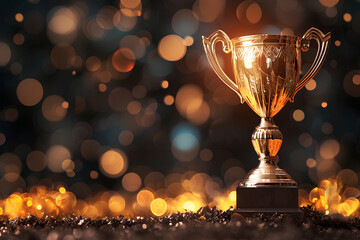 An illustration of a trophy, representing competitiveness and victory, set against a bokeh background to evoke a sense of achievement and celebration. - obrazy, fototapety, plakaty