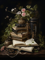 Dark Academia Book Painting, Moody Vintage Art Print, Printable Antique Moody Oil Painting, Cpottagecore Wall Decor