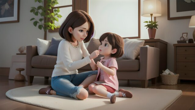 Two Animated Characters, A Woman And A Young Girl, Engage In A Heartwarming Interaction
