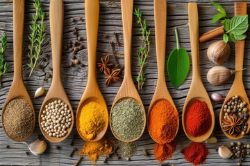 Various spices and herbs on wooden spoons flat lay of ingredients including chili garlic thyme cinnamon star anise nutmeg sage and parsley on a wooden background