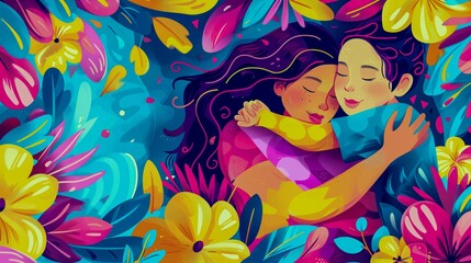 Two People Embrace Lovingly, Encapsulated In An Explosion Of Tropical Flowers
