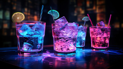 Cocktail drinks with ice in club lights.