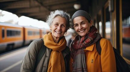 Obraz premium Women on the train station, close senior friends