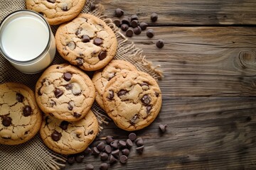 Top view of chocolate chip cookies and milk on rustic wood background