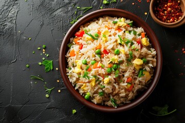 Traditional Chinese and Asian fried rice with egg and veggies in a ceramic bowl on a rustic concrete table Room for text