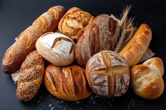 Assorted freshly baked artisan breads on black background