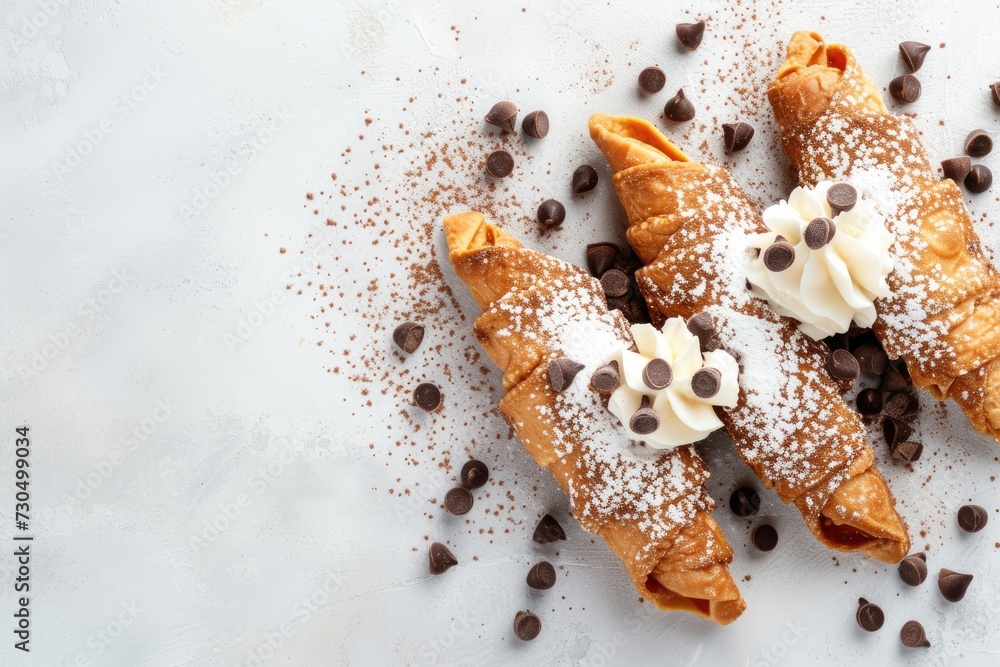 Poster Top view image of traditional Italian dessert cannoli siciliani on a light background with space for text