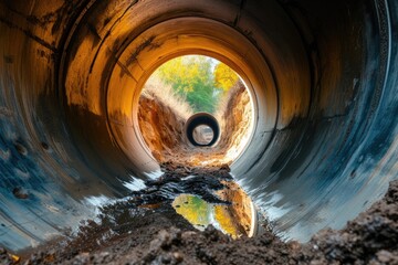 Close up view of underground pipes within a modern residential city s water and sewage system - obrazy, fototapety, plakaty