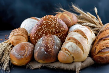 Various freshly baked bread and wheat on black background