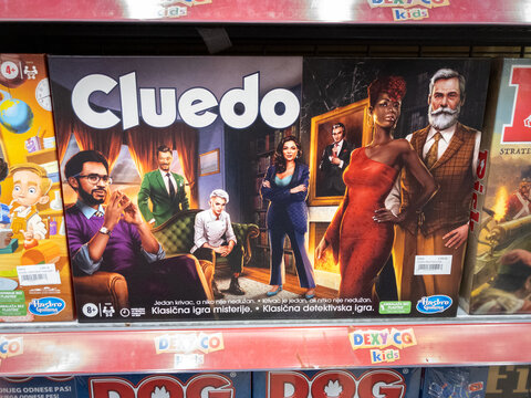 BELGRADE, SERBIA - JANUARY 12, 2024; Logo of cluedo on their most recent edition in Belgrade. Cluedo, or clue for US market, is a british murder mystery board game.