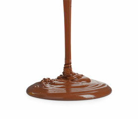 Pouring tasty melted milk chocolate isolated on white