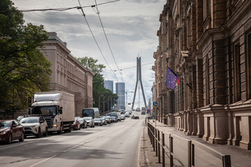 Panorama of Krisjana Valdemara iela street in Riga, latvia, with the vansu tilts bridge in...