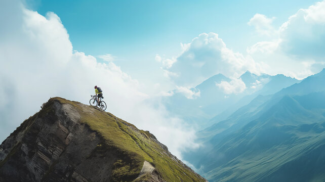 A cyclist climbing the mountain peak