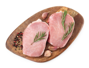 Wooden board with pieces of raw pork meat and spices isolated on white, top view