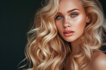 Fototapeta premium Gorgeous blonde with flawlessly curled hair and timeless makeup