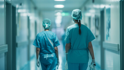 Two nurses walking towards the operating room - obrazy, fototapety, plakaty