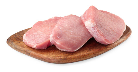 Wooden board with pieces of raw pork meat isolated on white