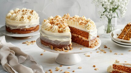 A carrot cake with cream cheese frosting in a masterpiece of comforting flavors and irresistible textures. Sweet and fresh white carrot cake.