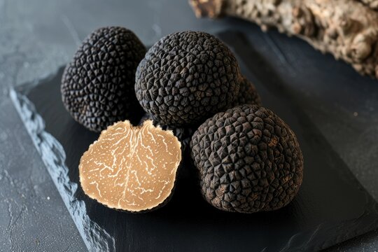 Black truffles against a dark backdrop