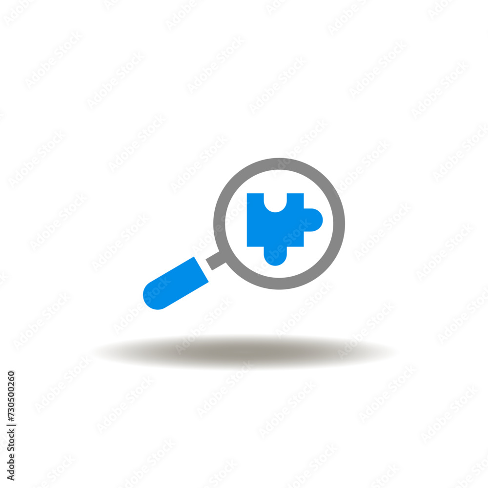Poster vector illustration of magnifier with puzzle piece. icon of find solutions. symbol of brainstorming.